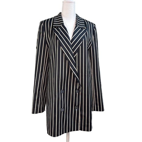 JUST Female Laurent Blazer Black White Striped Double Breasted Jacket Small $225